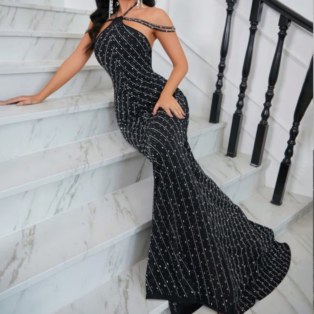 Black Silver Rhinestone Mermaid Bodycon Strappy Evening Gown - Picture 3 of 10